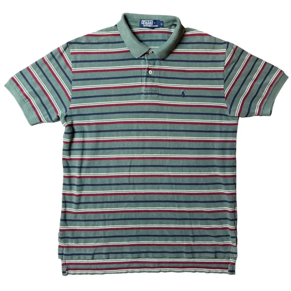 Polo Ralph Lauren Mens Large Green Striped Short Sleeve Cotton Polo Shirt‎